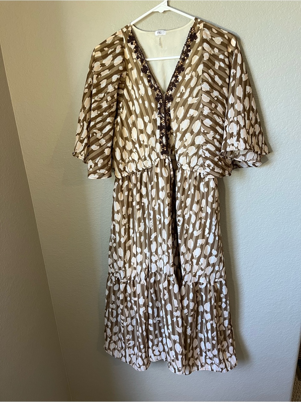 Kaktus Boho Beaded Tiered Midi Dress Brown Cream Flutter Sleeve Flaws Large